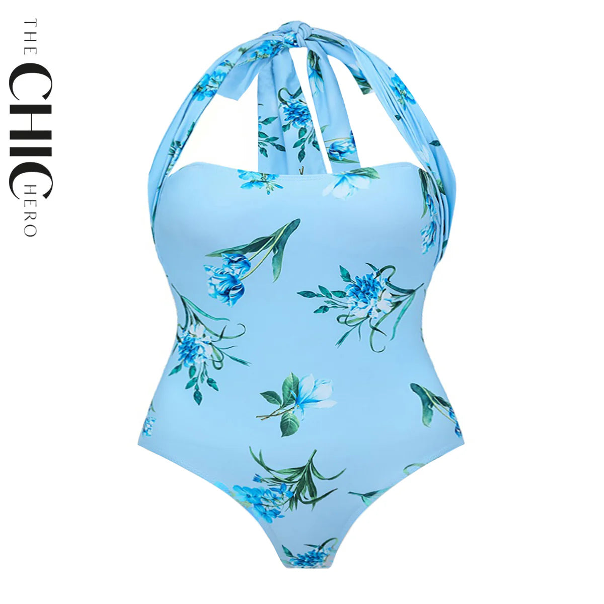 Chic Blue Romantic Floral Halter Neck One-Piece Swimsuit&Skirt