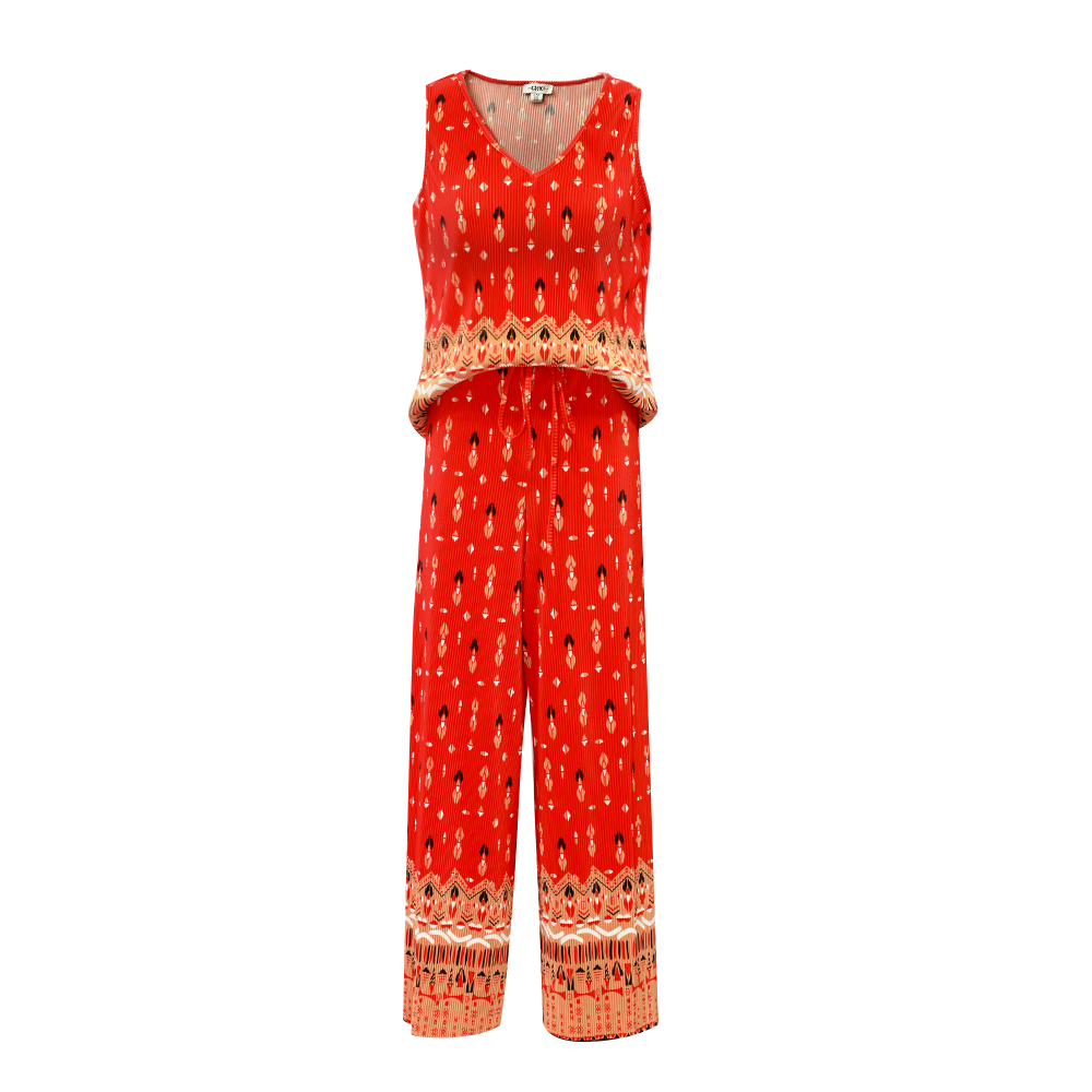 Bohemian Tribal Print V-Neck Vest Top & Pleated Pants