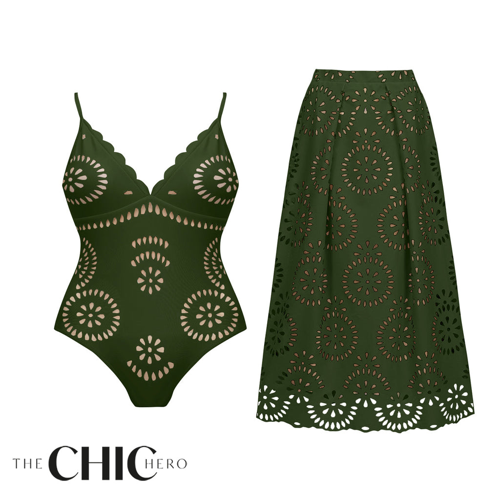 Green Scalloped Hollow Sexy One-Piece Swimsuit&Skirt