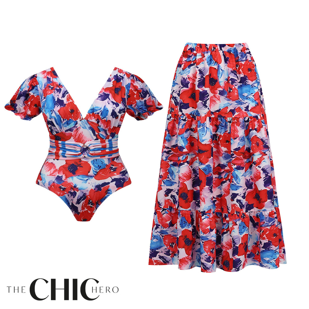 Colorful Floral Puff Sleeves One-Piece Swimsuit&Skirt