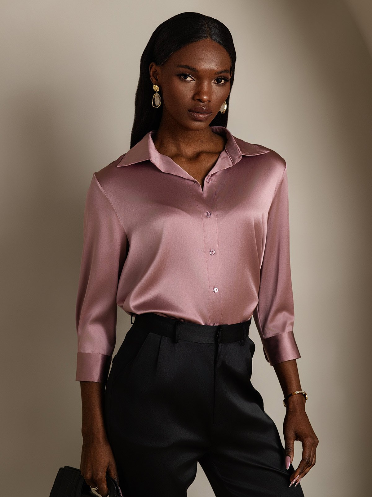 19Momme Silk 3/4 Sleeve Lapel Collar Women's Shirt with Button Up Design