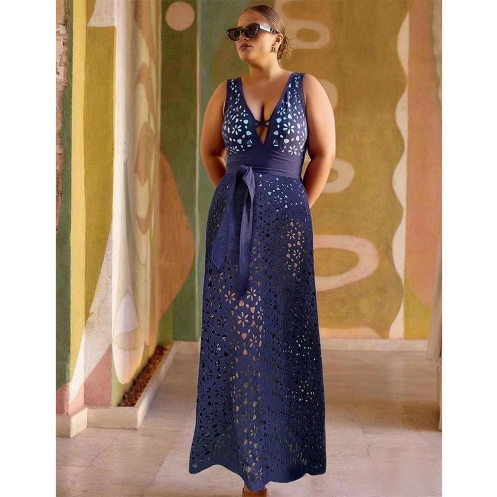 Navy Blue Petal Print Hollow One-Piece V Neck Swimsuit&Skirt