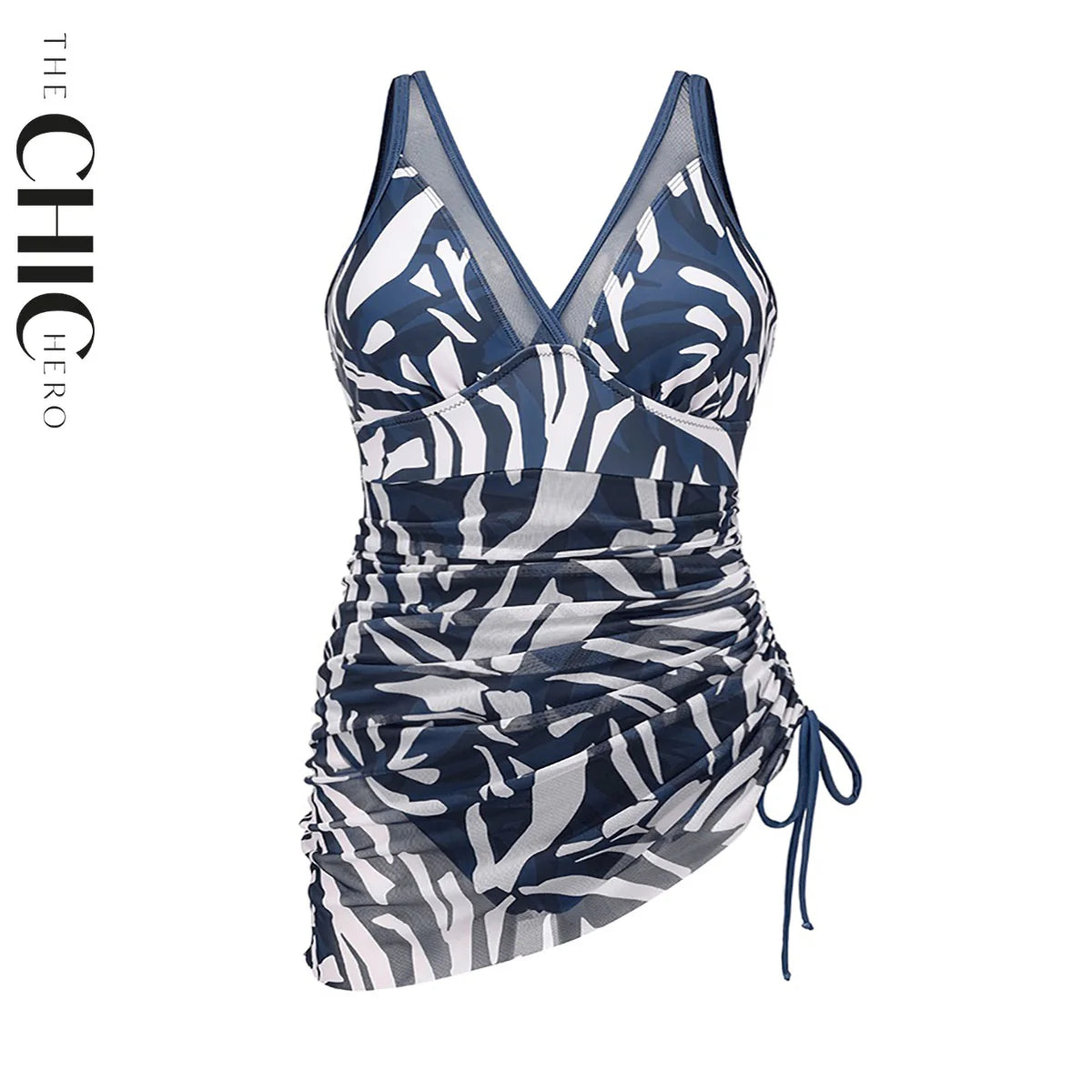 Blue Mesh Sheer Sarong Wraps V Neck One-Piece Swimsuit