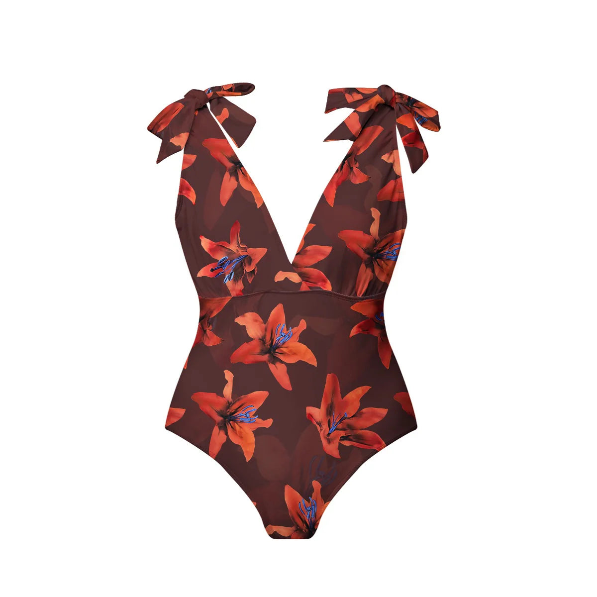 Red Lily Floral Patterns One-Piece Swimsuit&Pants