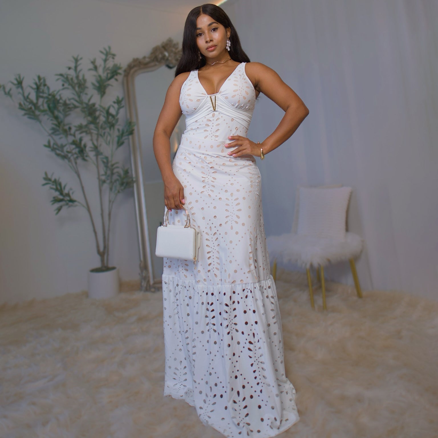 White Petal Hollow One-Piece V Neck Swimsuit&Skirt