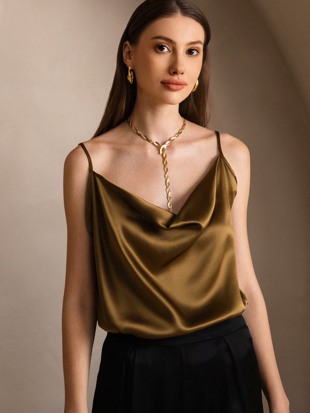 19Momme Silk Cowl Neck Spaghetti Strap Camisole Top
