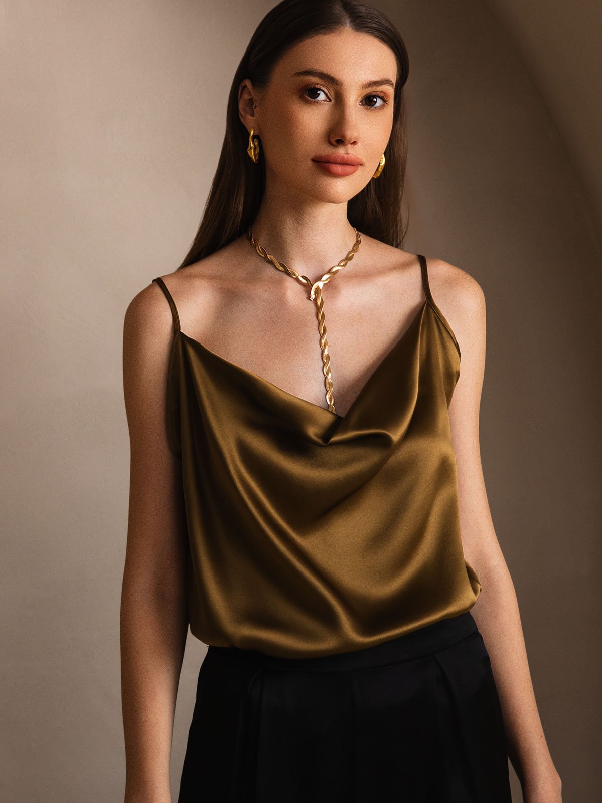 19Momme Silk Cowl Neck Spaghetti Strap Camisole Top