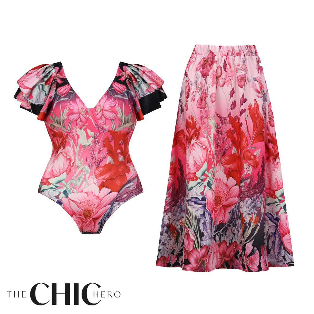 Pink Floral Patterned Ruffled Sleeves One-Piece Swimsuit&Skirt
