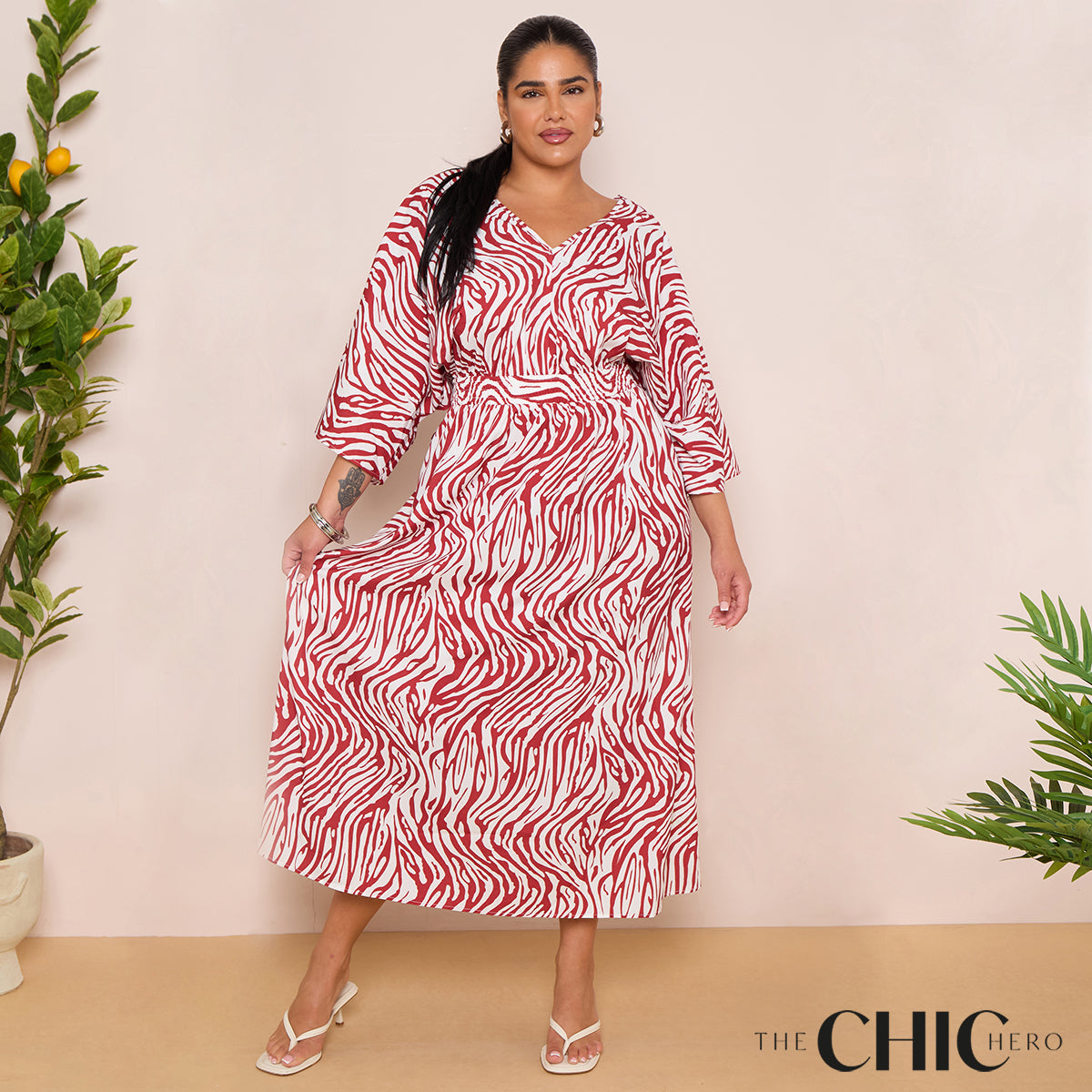 Long Sleeve Tie Back Maxi Dress in Burgundy Print