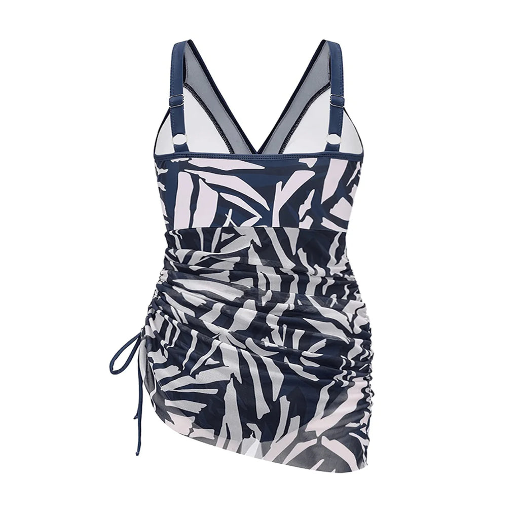 Blue Mesh Sheer Sarong Wraps V Neck One-Piece Swimsuit