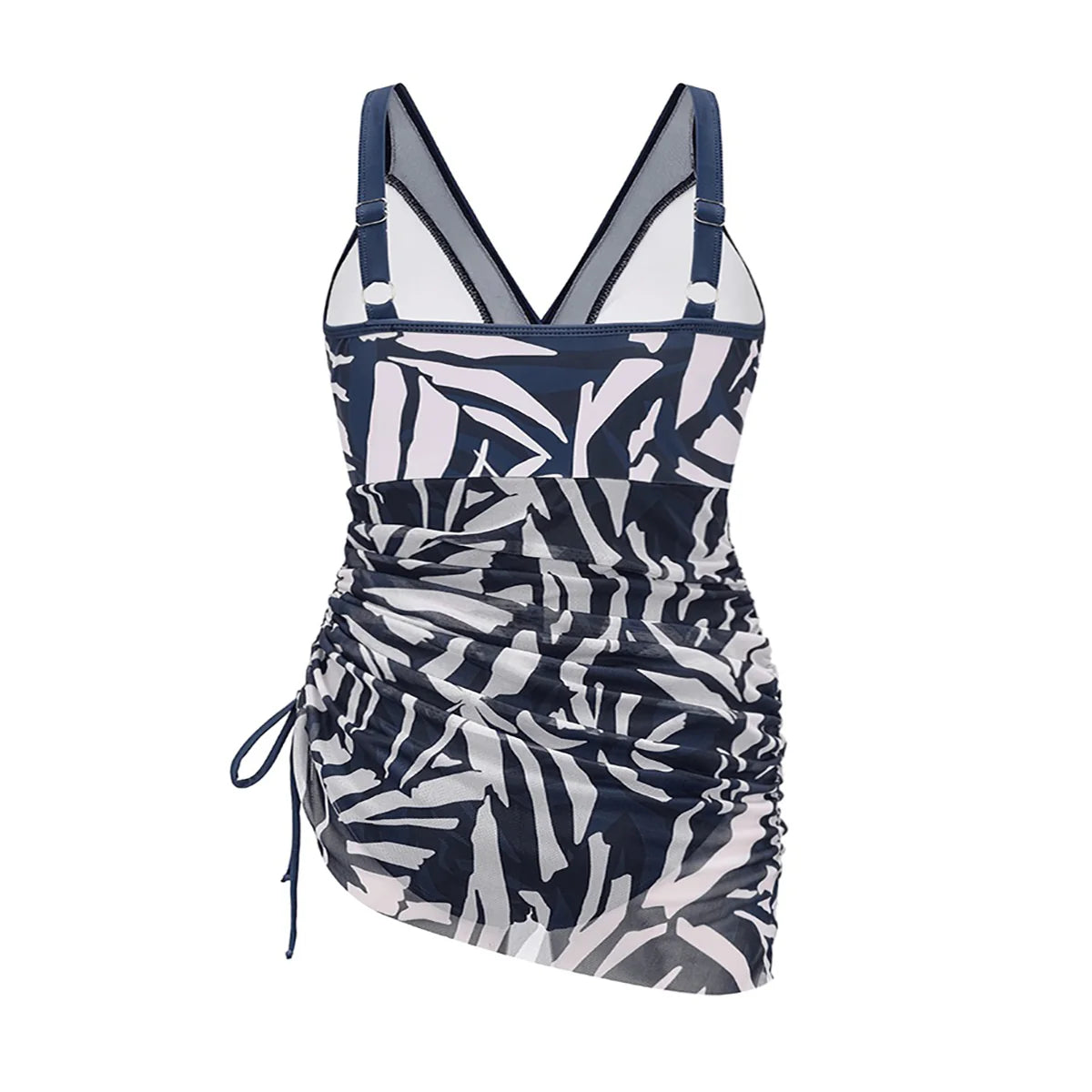 Blue Mesh Sheer Sarong Wraps V Neck One-Piece Swimsuit