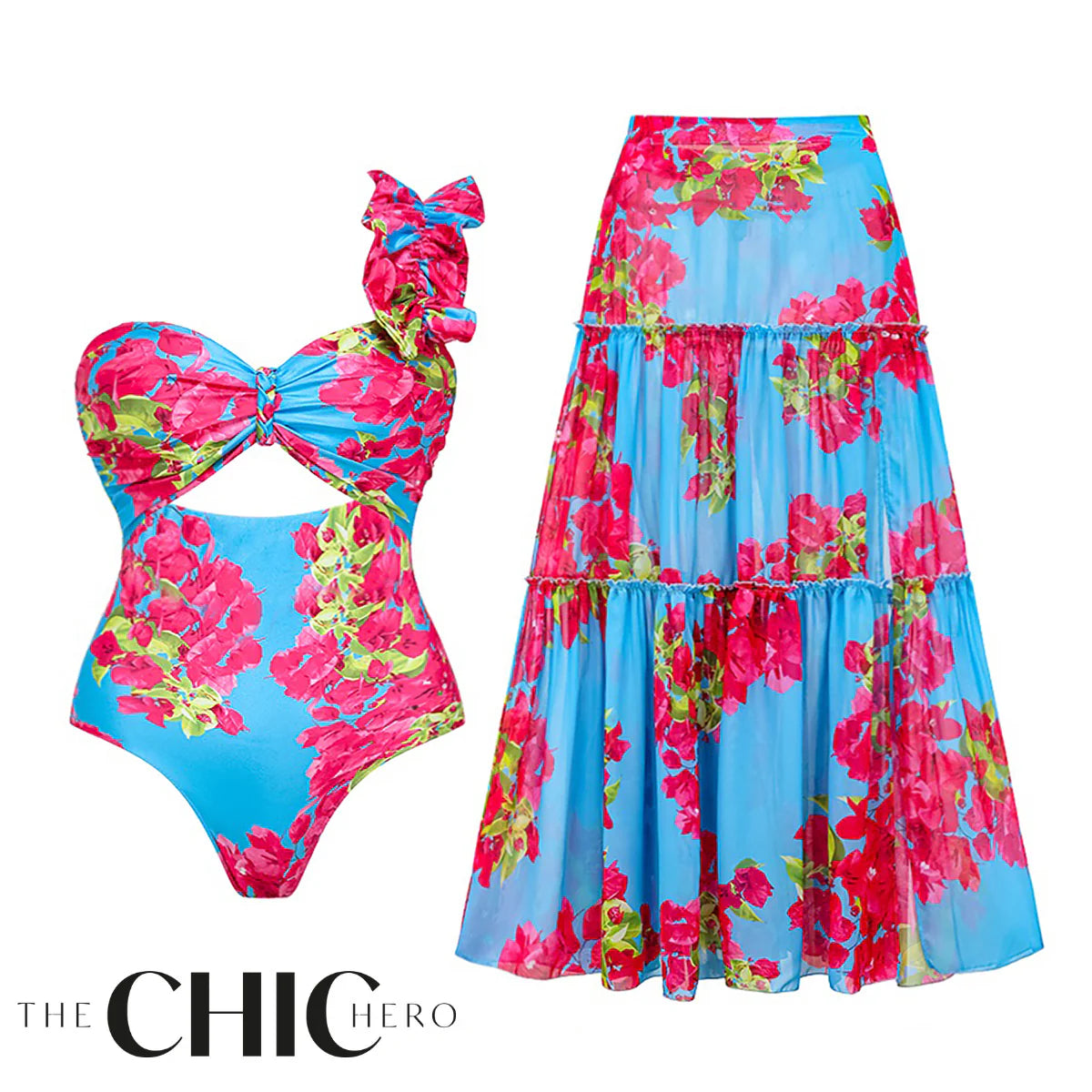 Ruffle Removable Shoulder Strap Pink Flower One Piece Swimsuit & Skirt