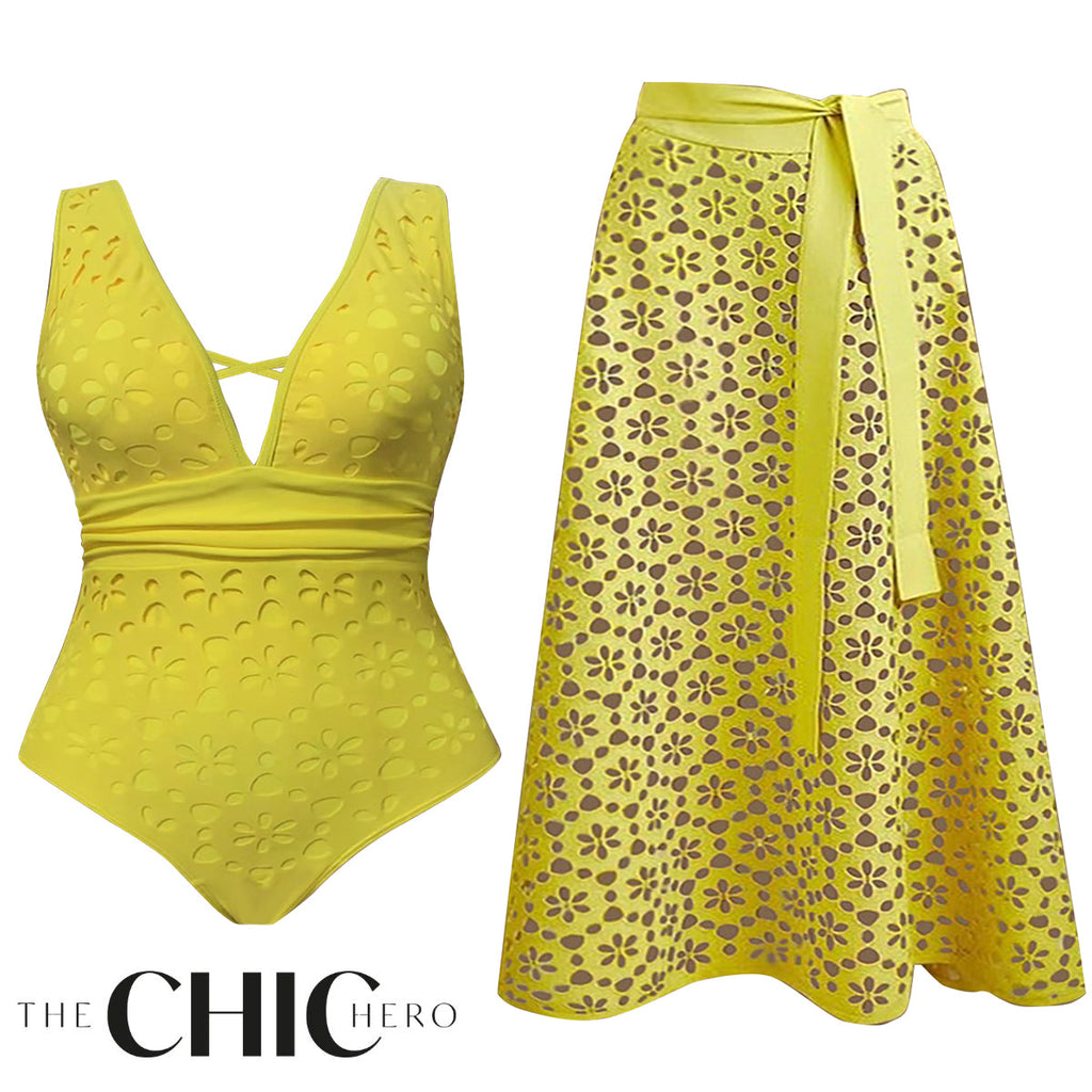 Yellow Petal Hollow One-Piece Swimsuit&Skirt