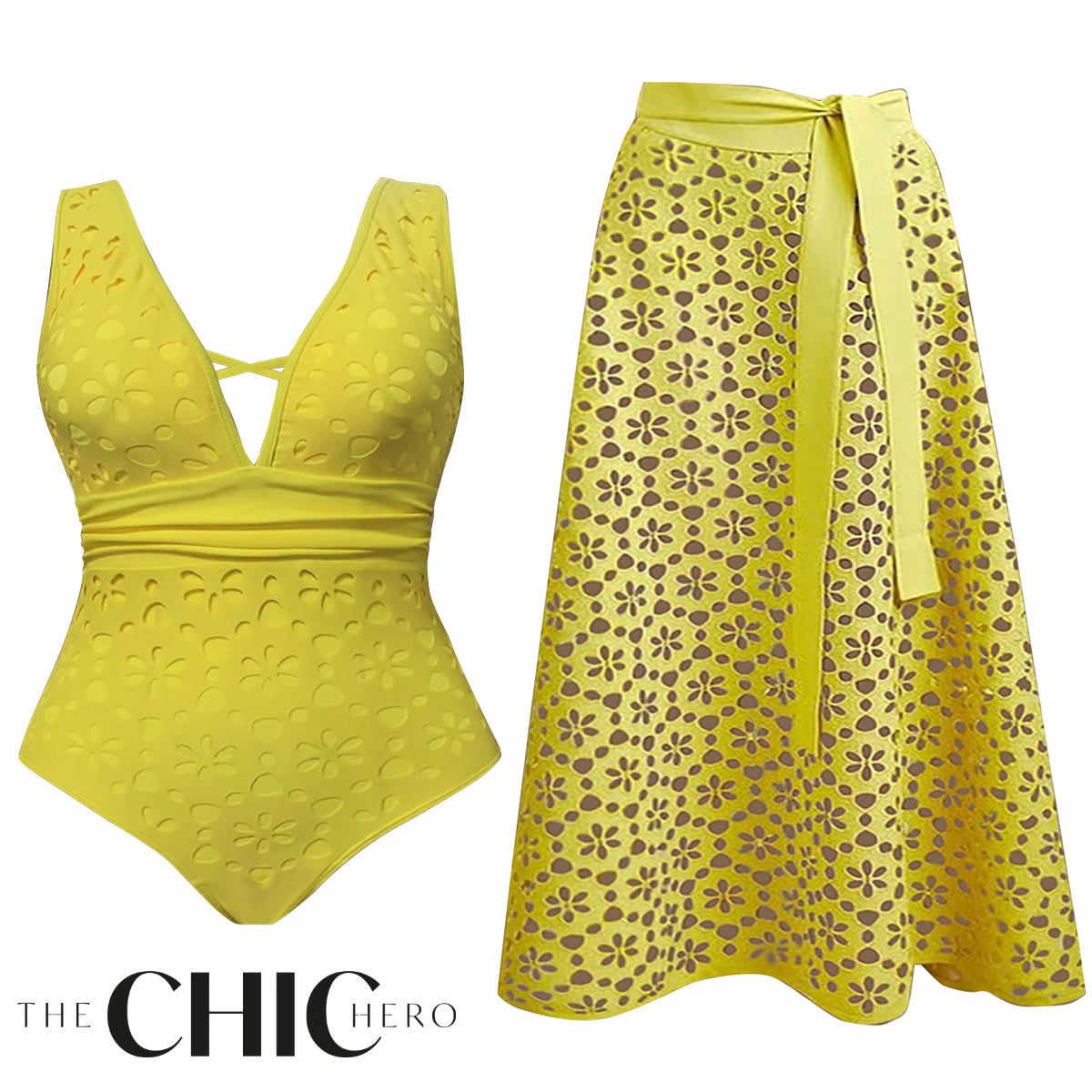 Yellow Petal Hollow One-Piece Swimsuit&Skirt