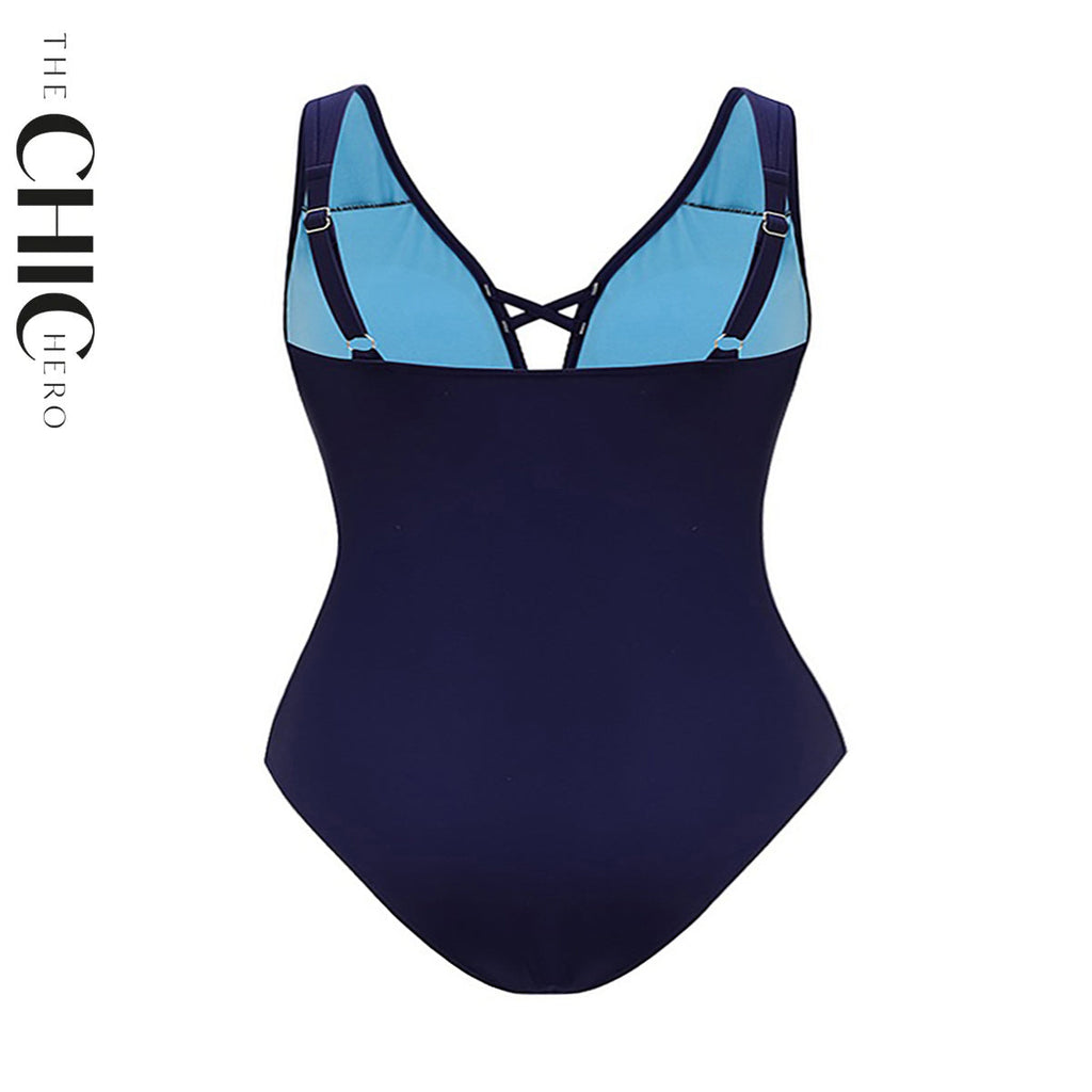 Navy Blue Petal Print Hollow One-Piece V Neck Swimsuit&Skirt