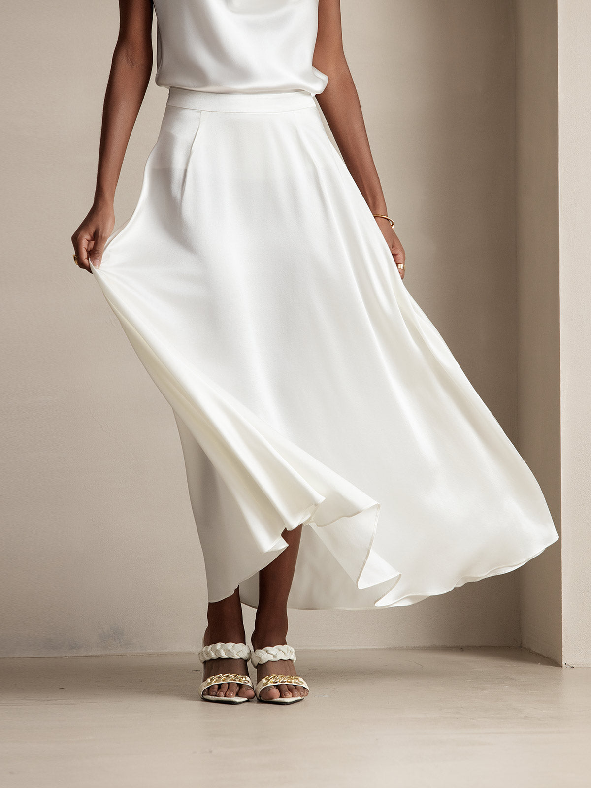 19Momme Silk A Line Maxi Skirt with Zipper Design