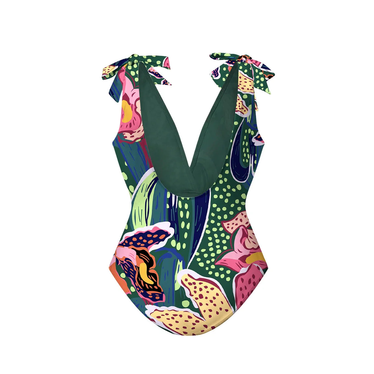 Green Parrot Tropical Exotic Flower Motifs One-Piece Swimsuit&Pants