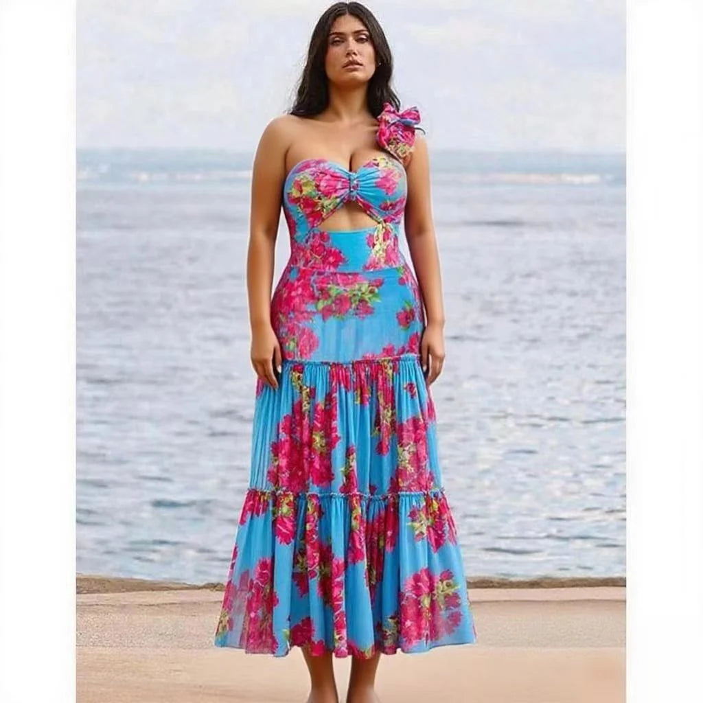Ruffle Removable Shoulder Strap Pink Flower One Piece Swimsuit & Skirt