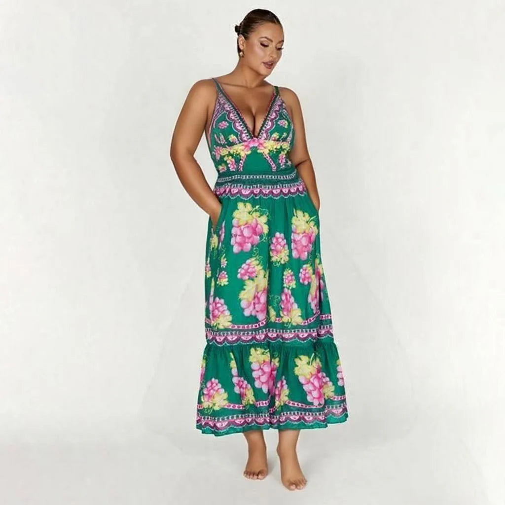 Green Grape Blossom Tropical Vineyard V-Neck Swimsuit & Skirt