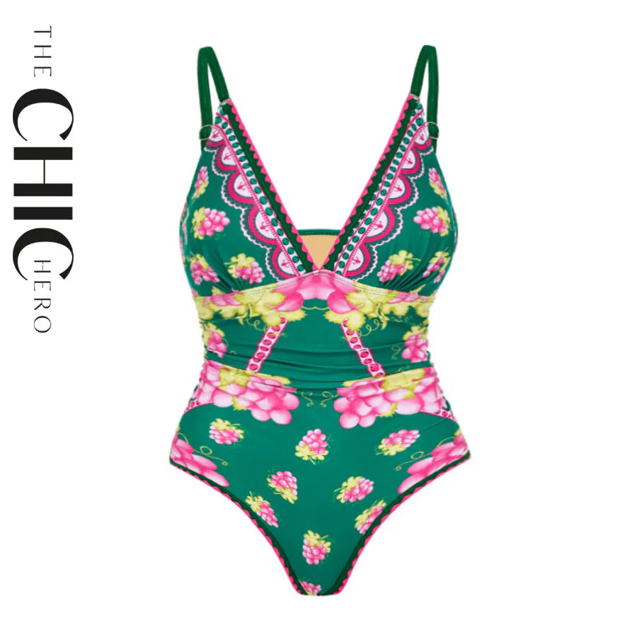 Green Grape Blossom Tropical Vineyard V-Neck Swimsuit & Skirt