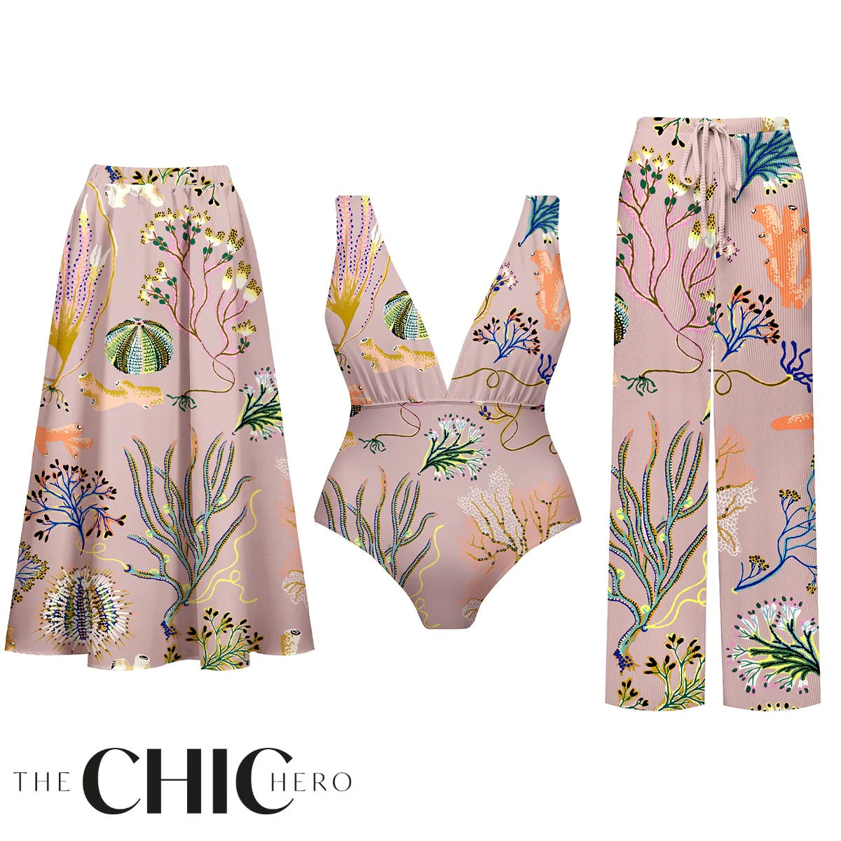 Sea-Inspired Tropical Reef Print One-Piece Swimsuit&Skirt&Pants