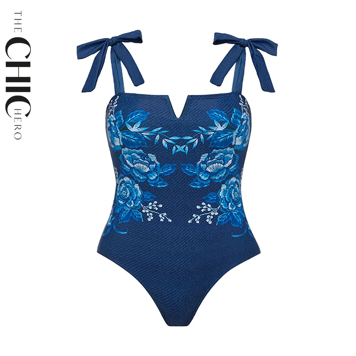 Embroidery Printed Bowknot Shoulder One Piece Swimsuit & Skirt