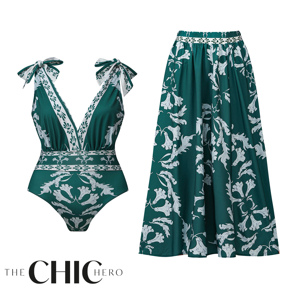 Green Flowy Floral Tie-shoulder Swimsuit&Skirt