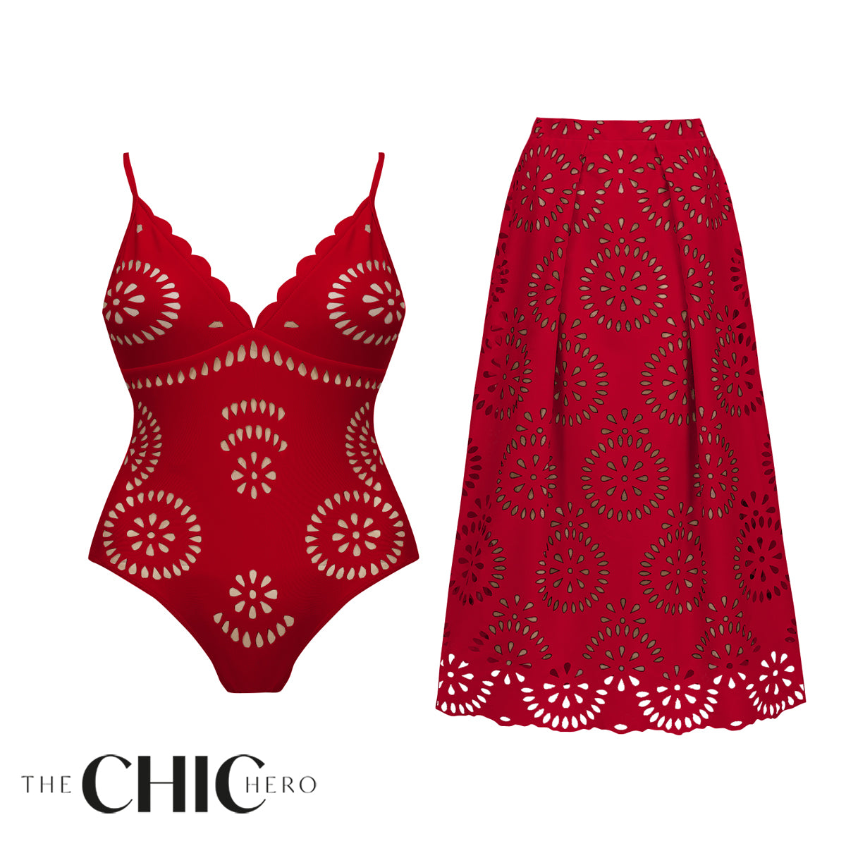 Red Scalloped Hollow Sexy One-Piece Swimsuit&Skirt