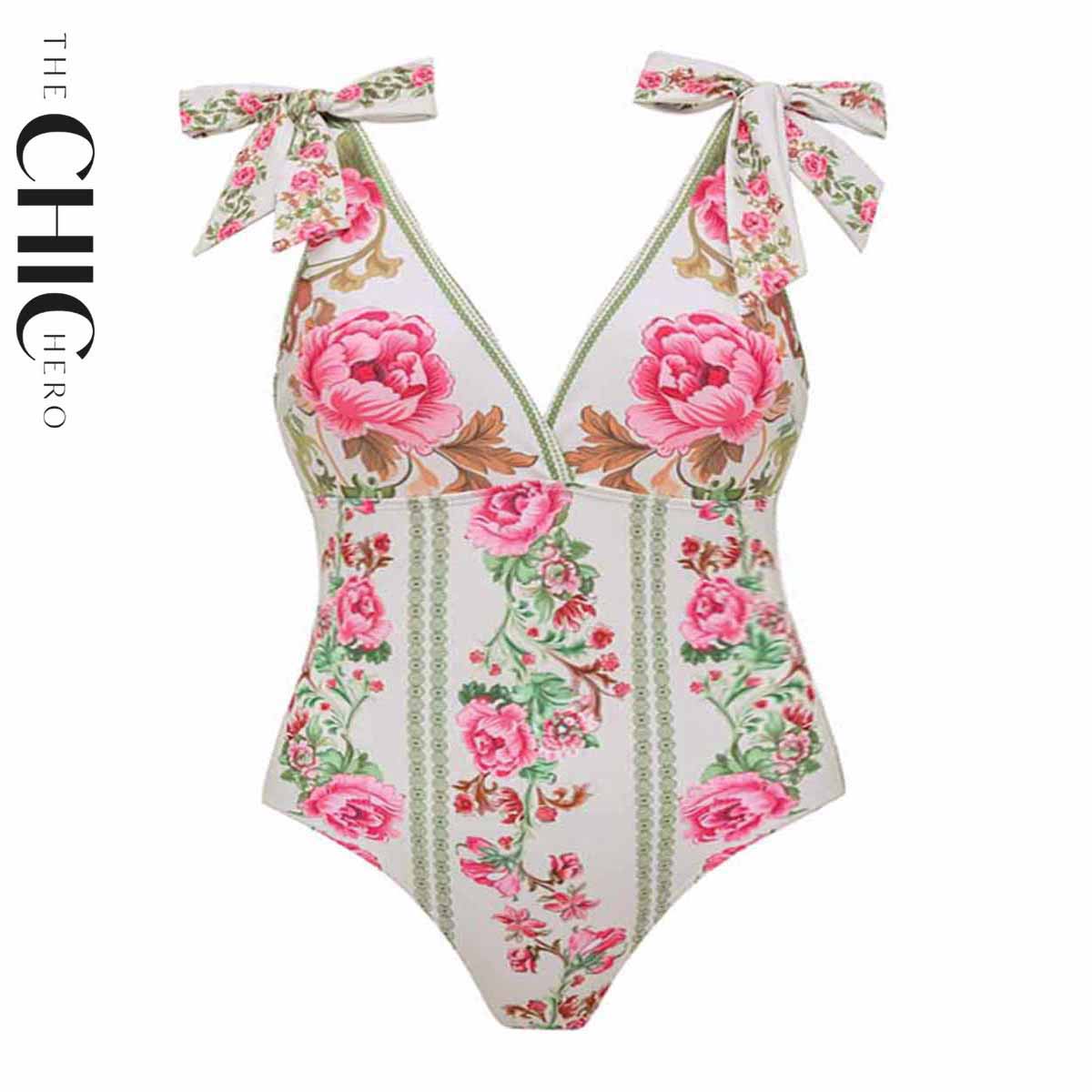Vintage Rose Garden V Neck Lace Up Floral Swimsuit&Skirt
