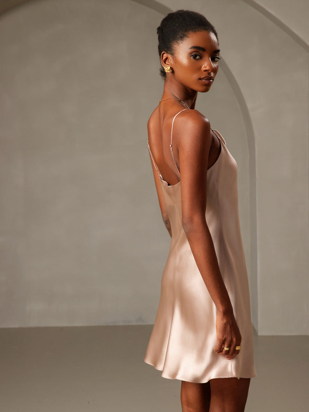 Pure Silk Spaghetti Straps Cowl Neck Short Dress