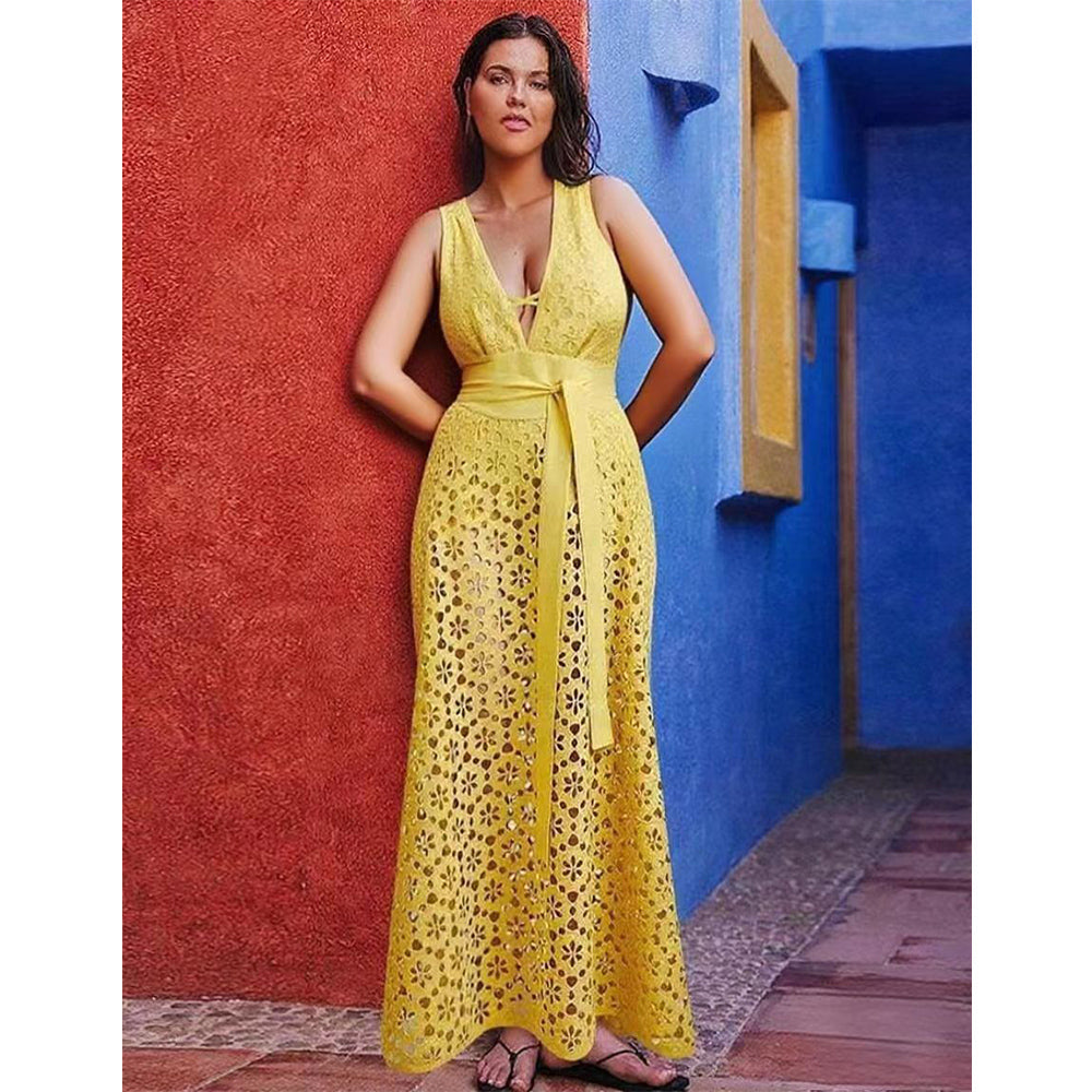 Yellow Petal Hollow One-Piece Swimsuit&Skirt