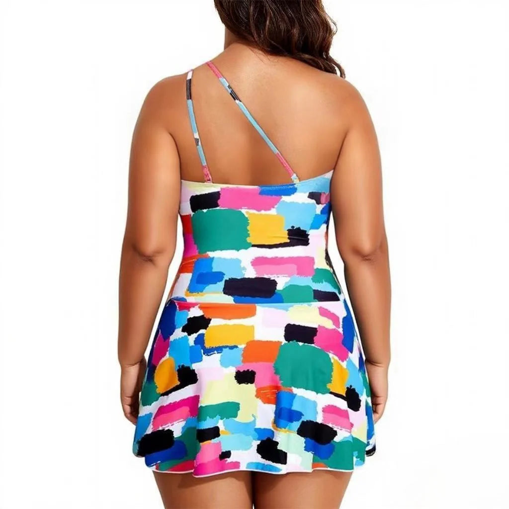 Multicolor Puzzle One Shoulder One-Piece Swimsuit with Skirt