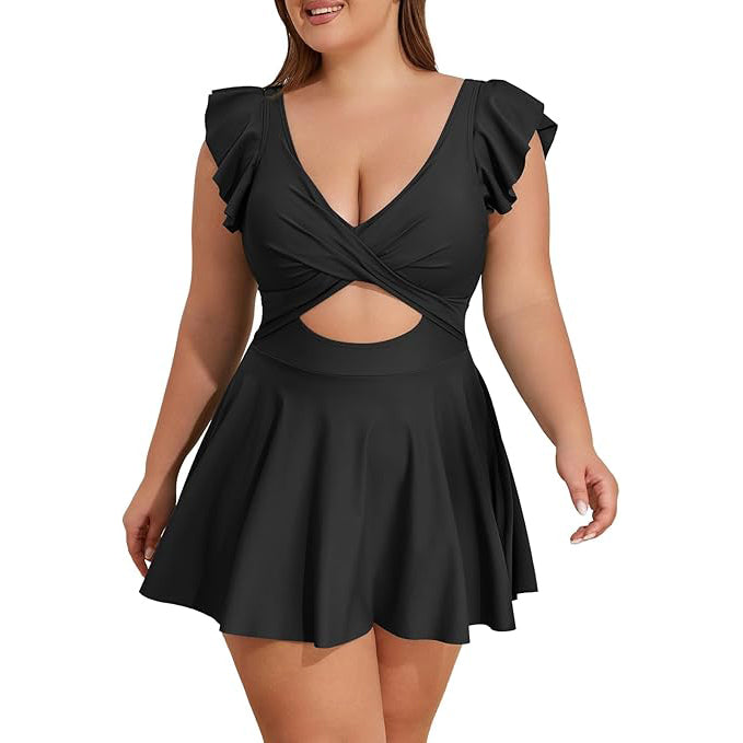 Plus Size Cutout Two-Tone Ruffle Swimsuit