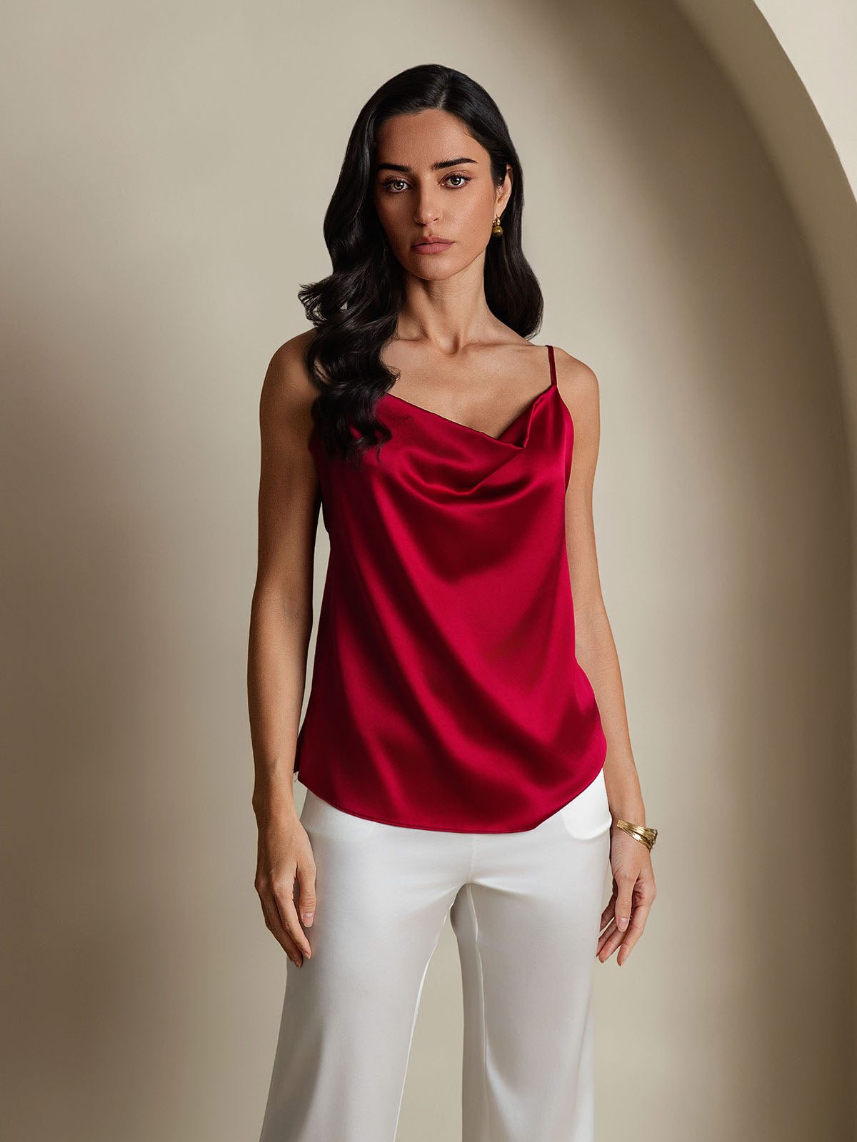 19Momme Silk Cowl Neck Spaghetti Strap Camisole Top
