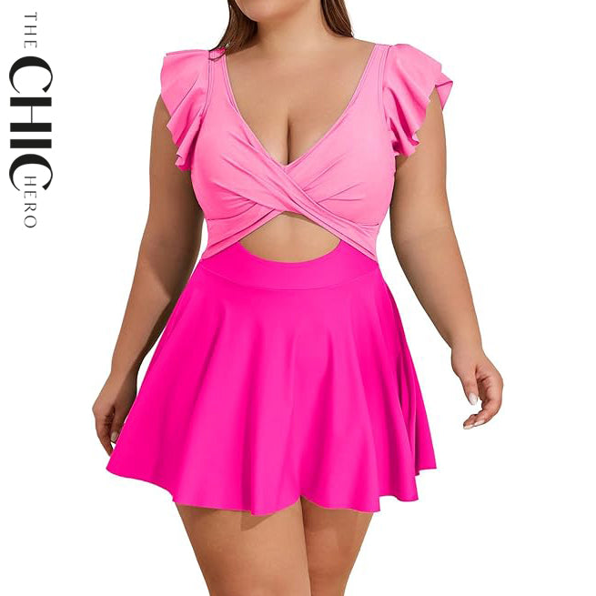 Plus Size Cutout Two-Tone Ruffle Swimsuit