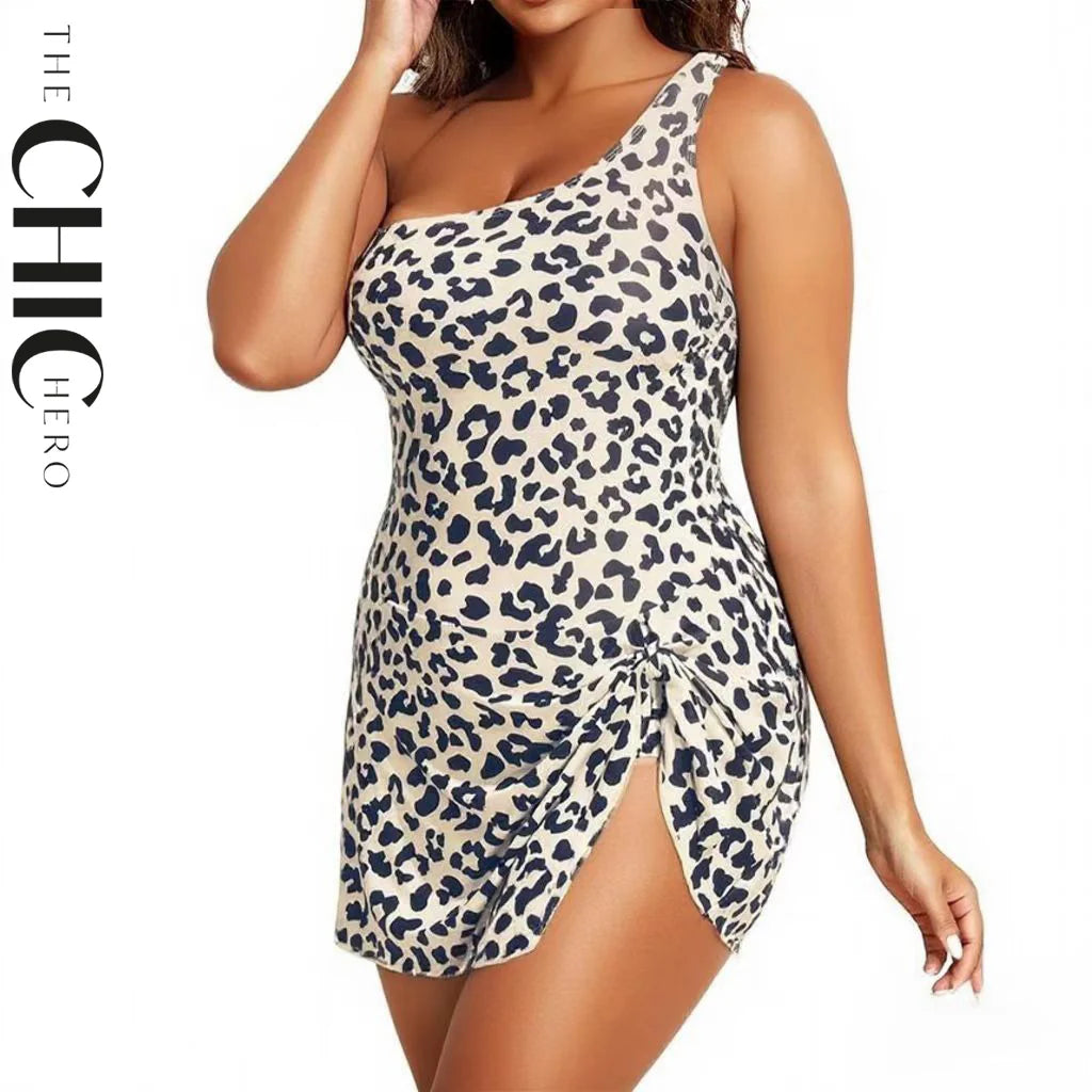 Leopard One Shoulder One-Piece Tummy Control Swimsuit with Skirt