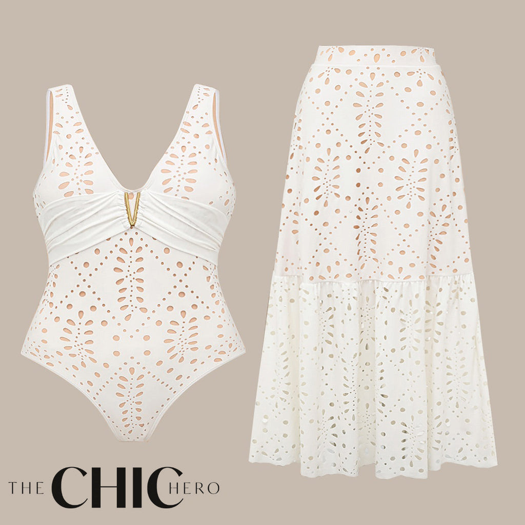 White Petal Hollow One-Piece V Neck Swimsuit&Skirt