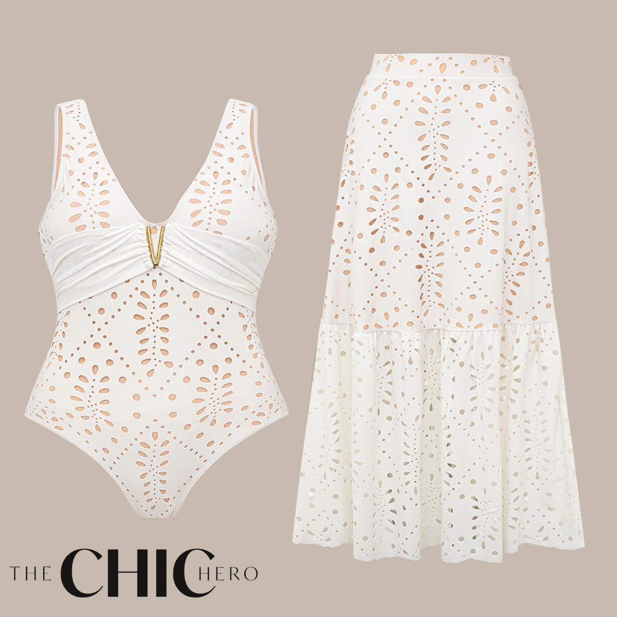 White Petal Hollow One-Piece V Neck Swimsuit&Skirt