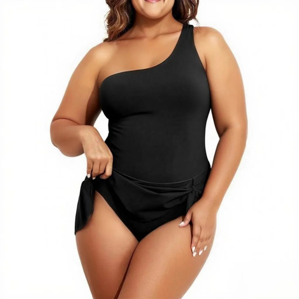 Black One Shoulder One-Piece Tummy Control Swimsuit with Skirt