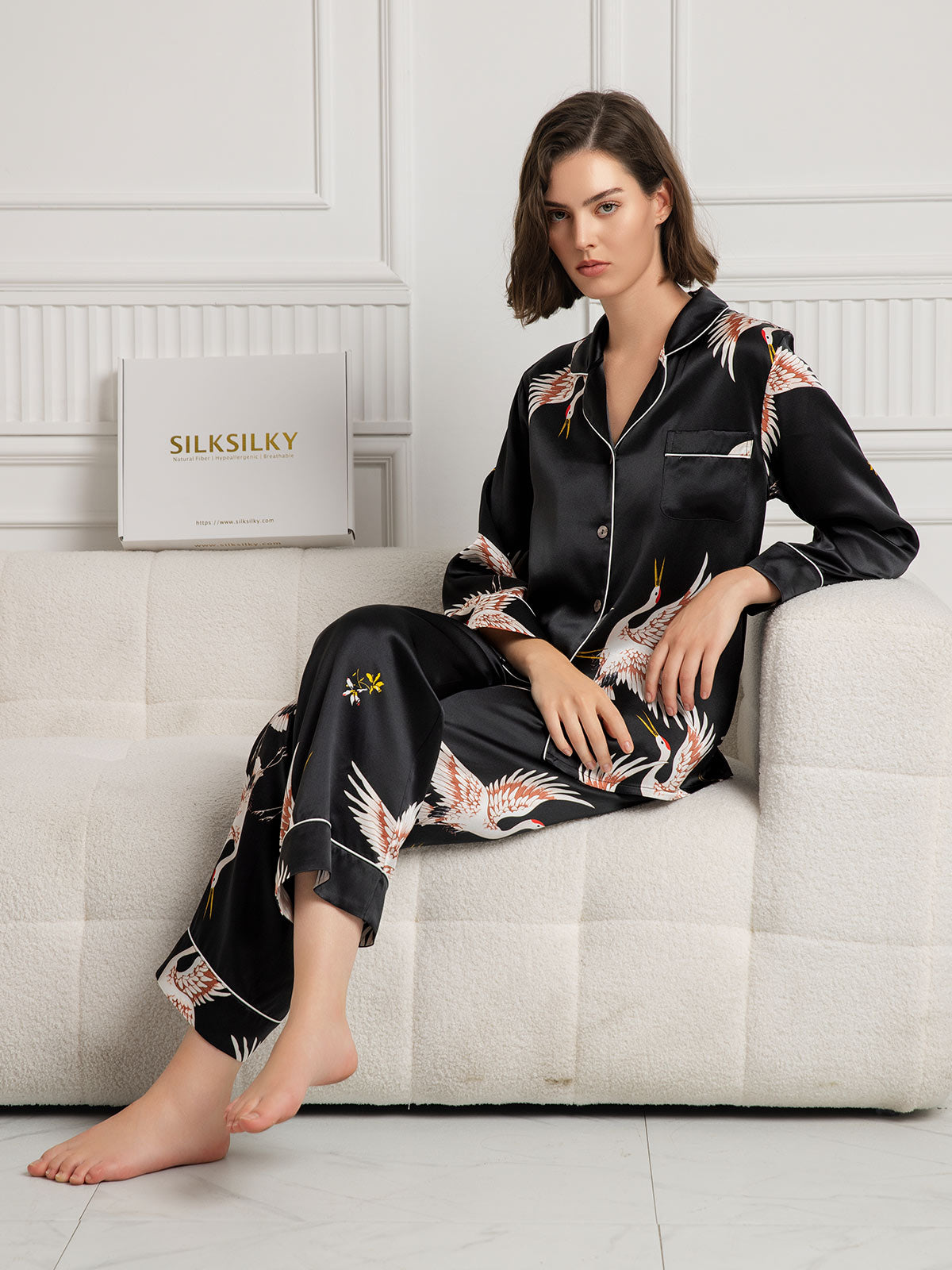 19Momme Women's 100% Mulberry Silk Crane Print Full Length Pajama Set
