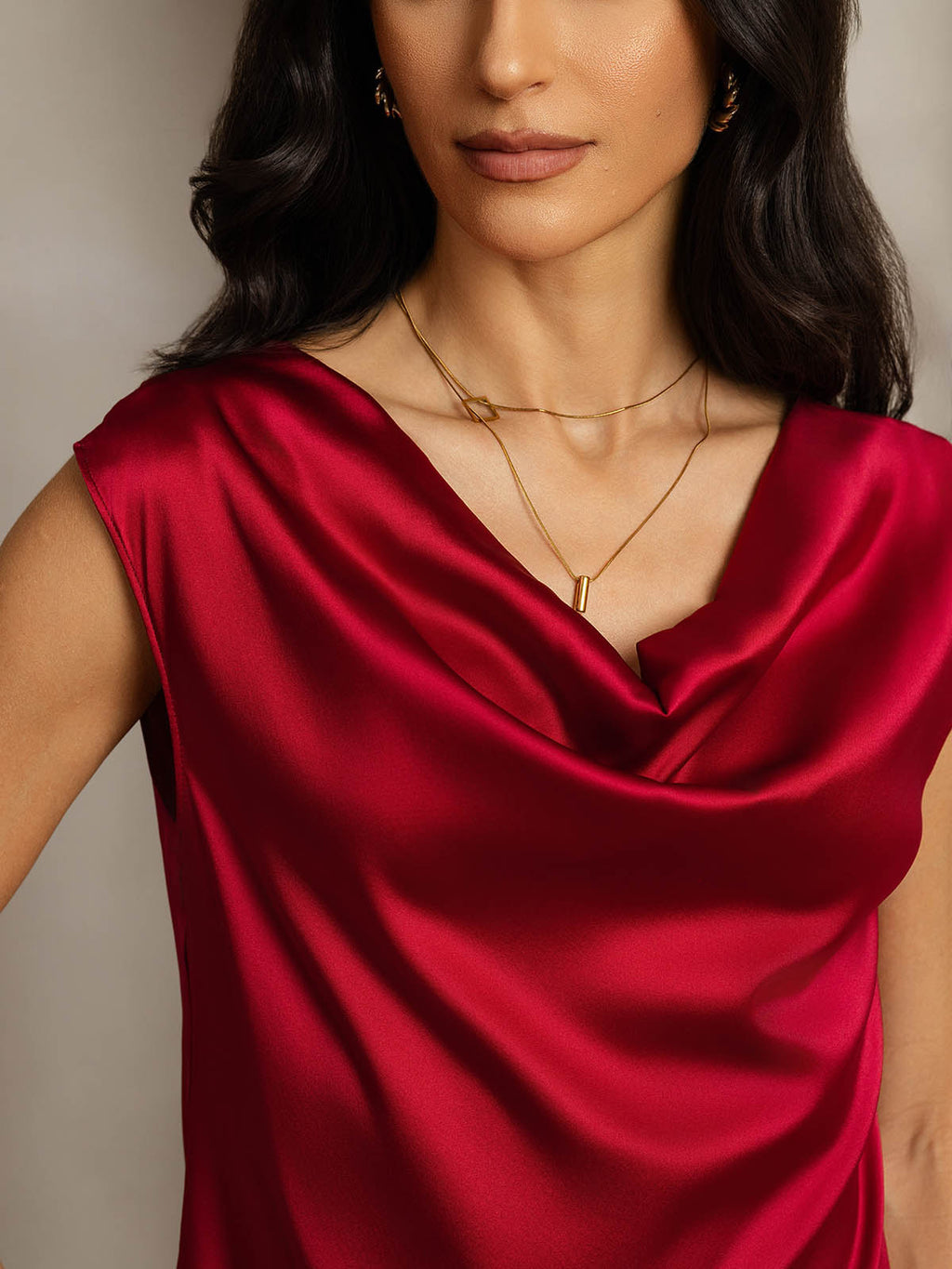19Momme Silk Cowl Neck Cap Sleeve Blouse