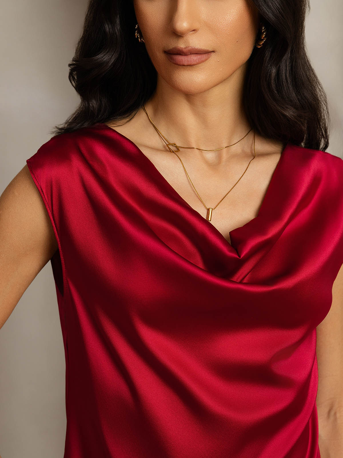 19Momme Silk Cowl Neck Cap Sleeve Blouse