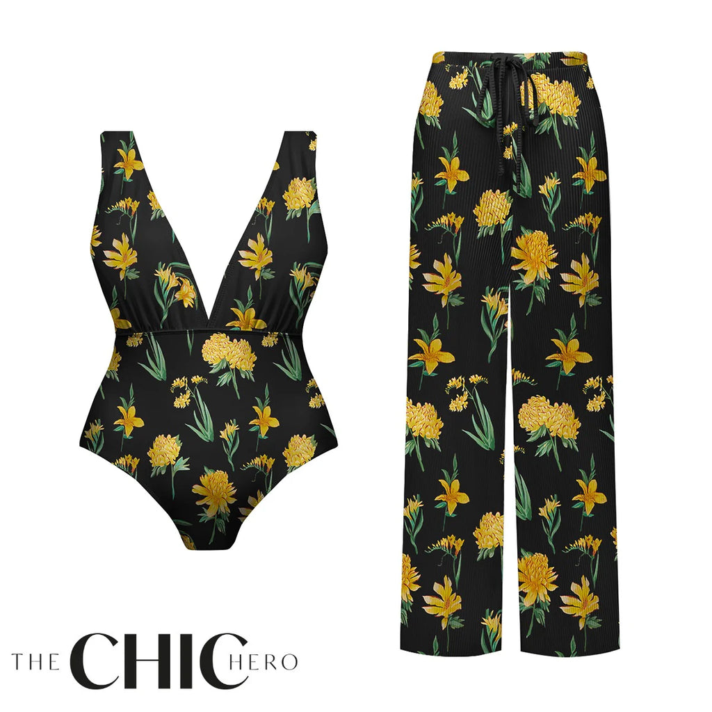 Yellow Floral Print One-Piece Swimsuit&Pants