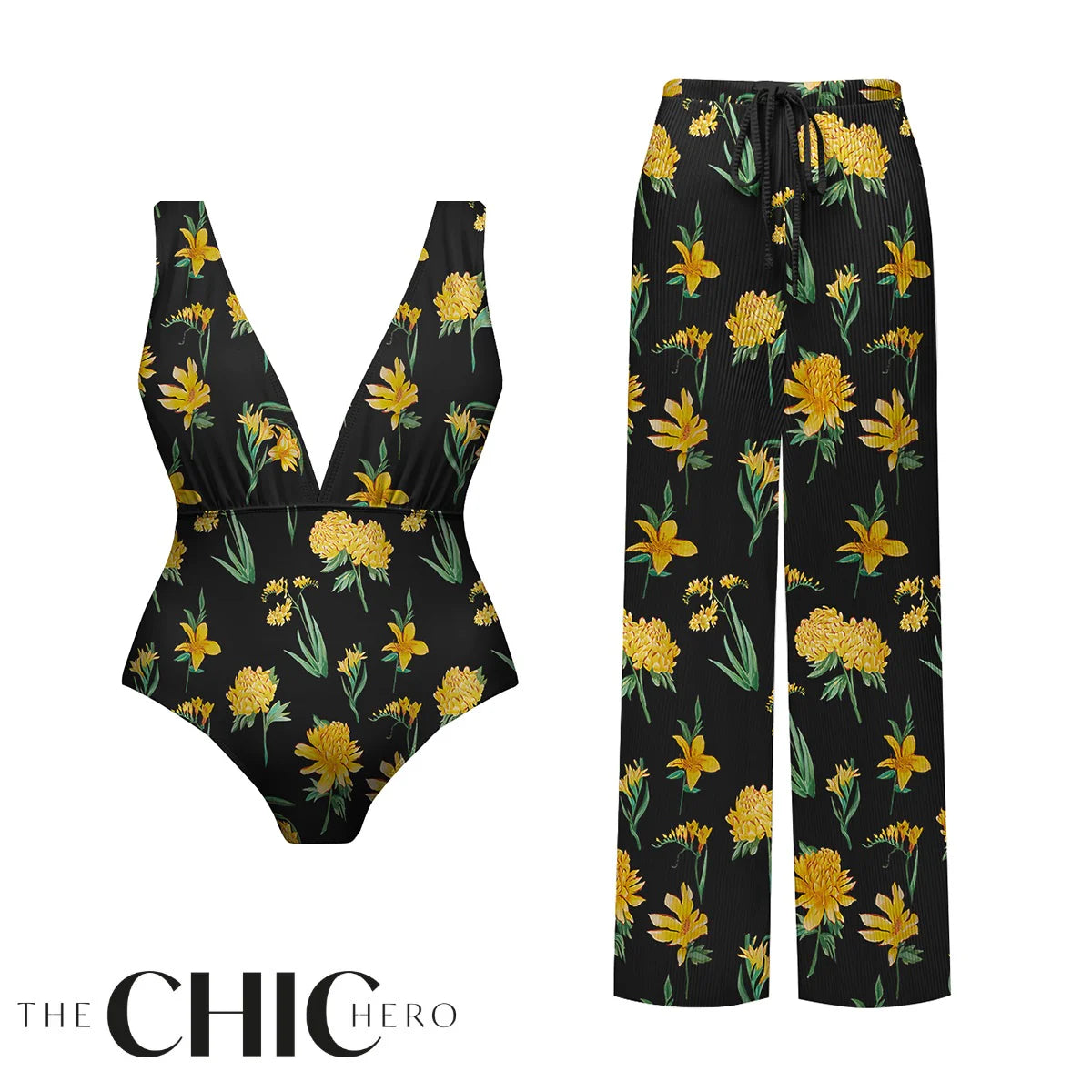 Yellow Floral Print One-Piece Swimsuit&Pants