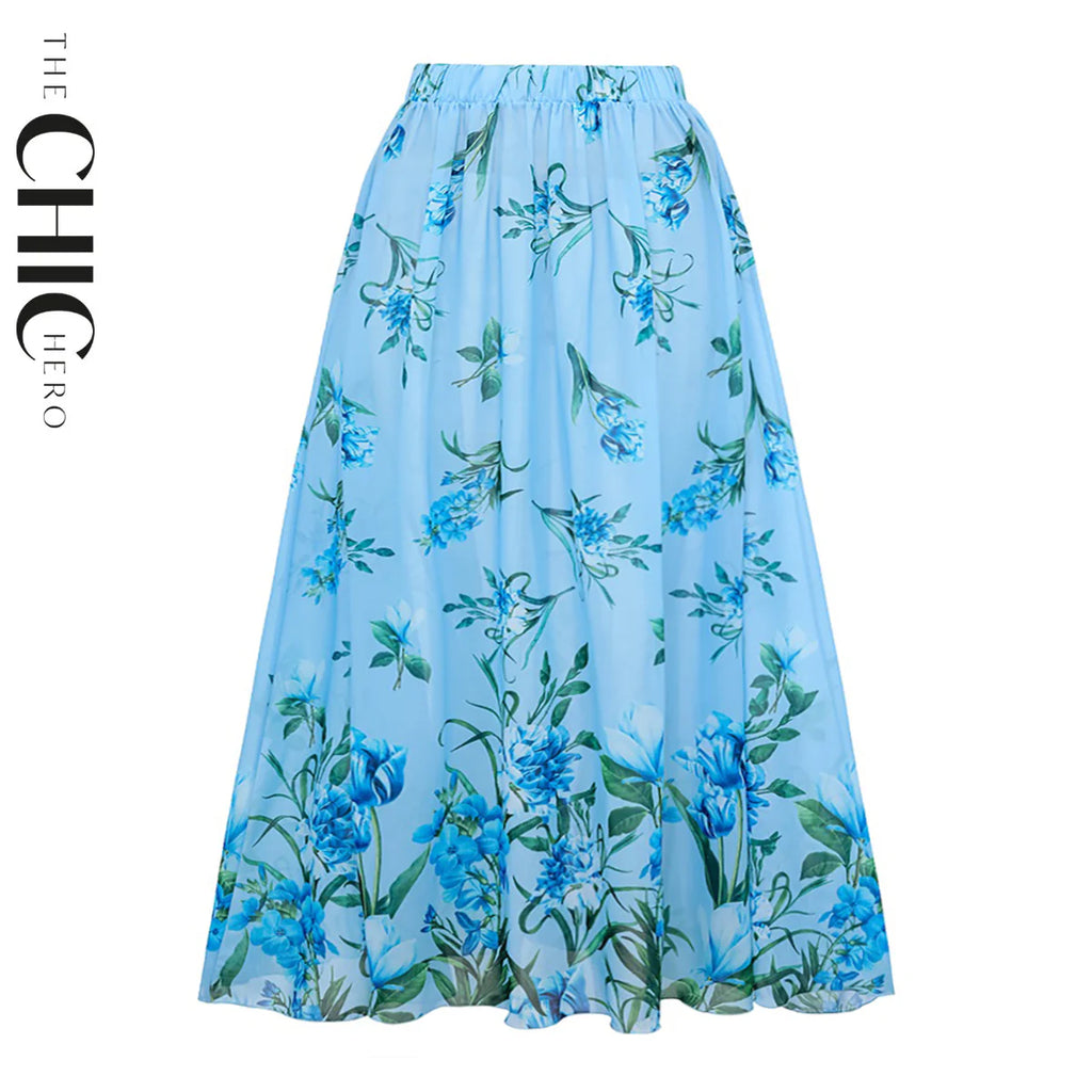 Chic Blue Romantic Floral Halter Neck One-Piece Swimsuit&Skirt