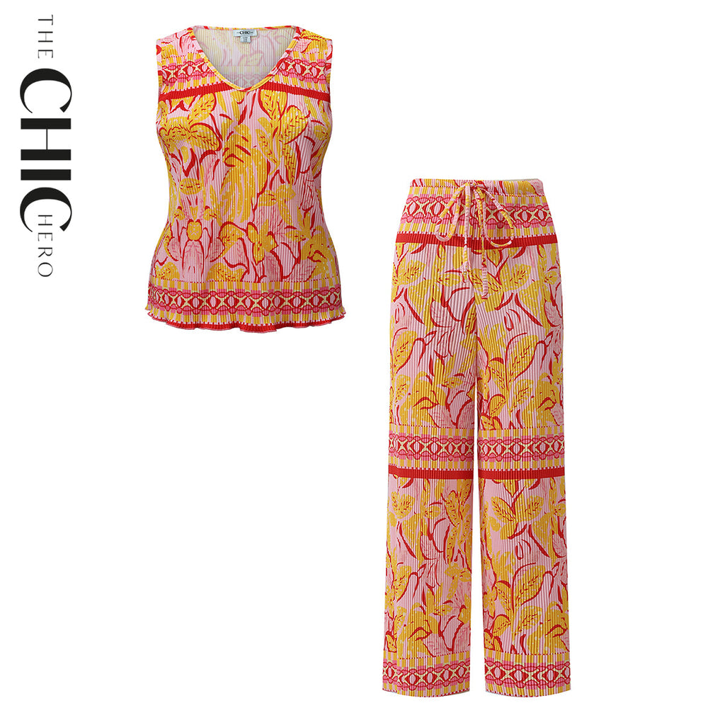 Abstract Leaf Pattern V-Neck Vest Top & Pleated Pants