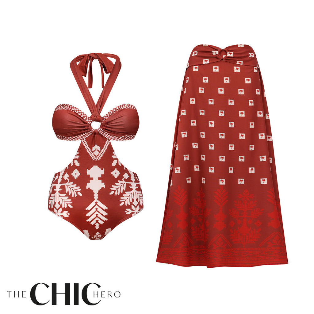 Boho Ethnic Floral Patterned Halter One-Piece Swimsuit&Skirt
