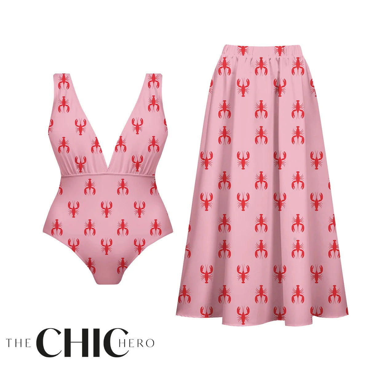 Pink Crayfish One-Piece Swimsuit&Skirt