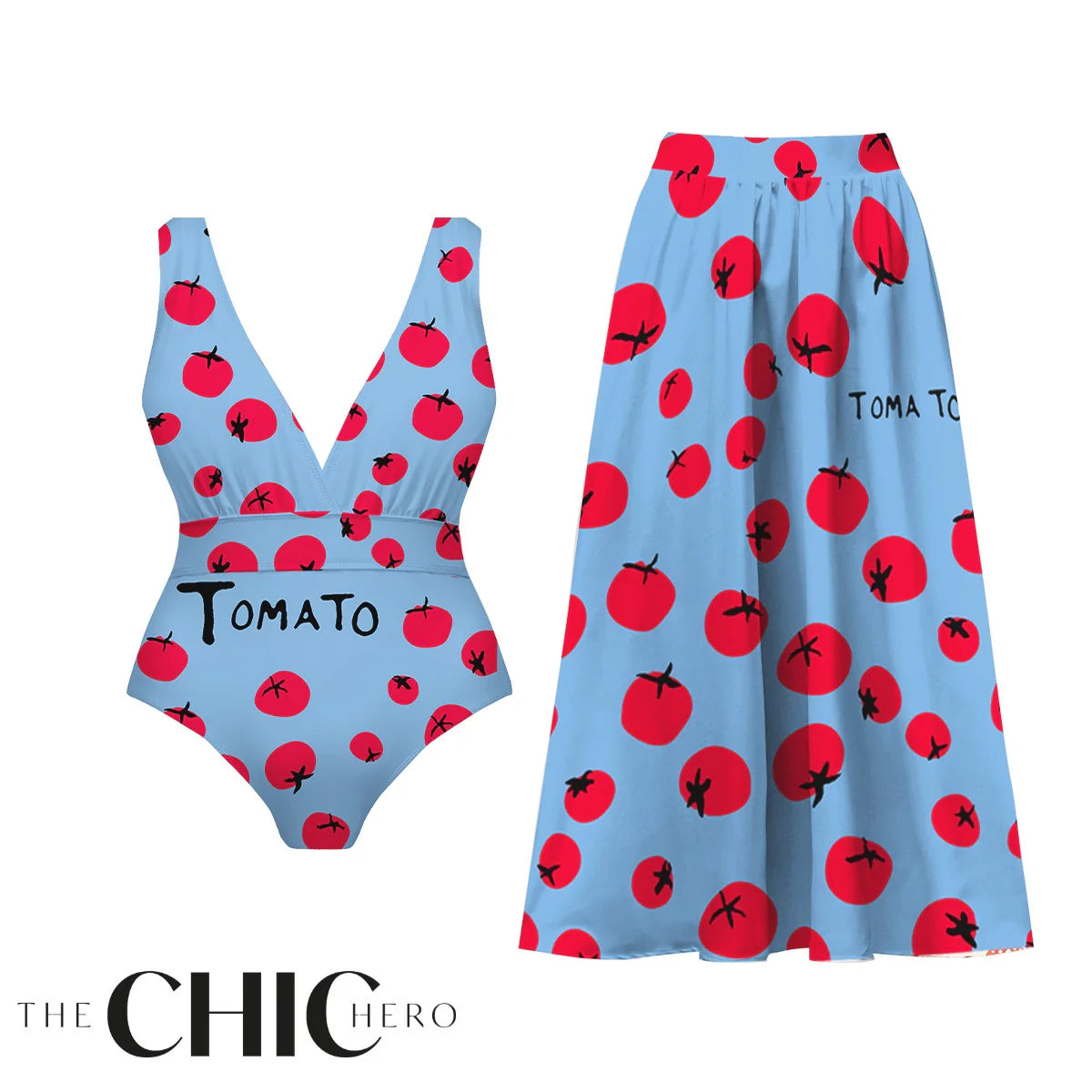 Sky Blue Fresh & Fun Tomato Print One-Piece Swimsuit&Skirt