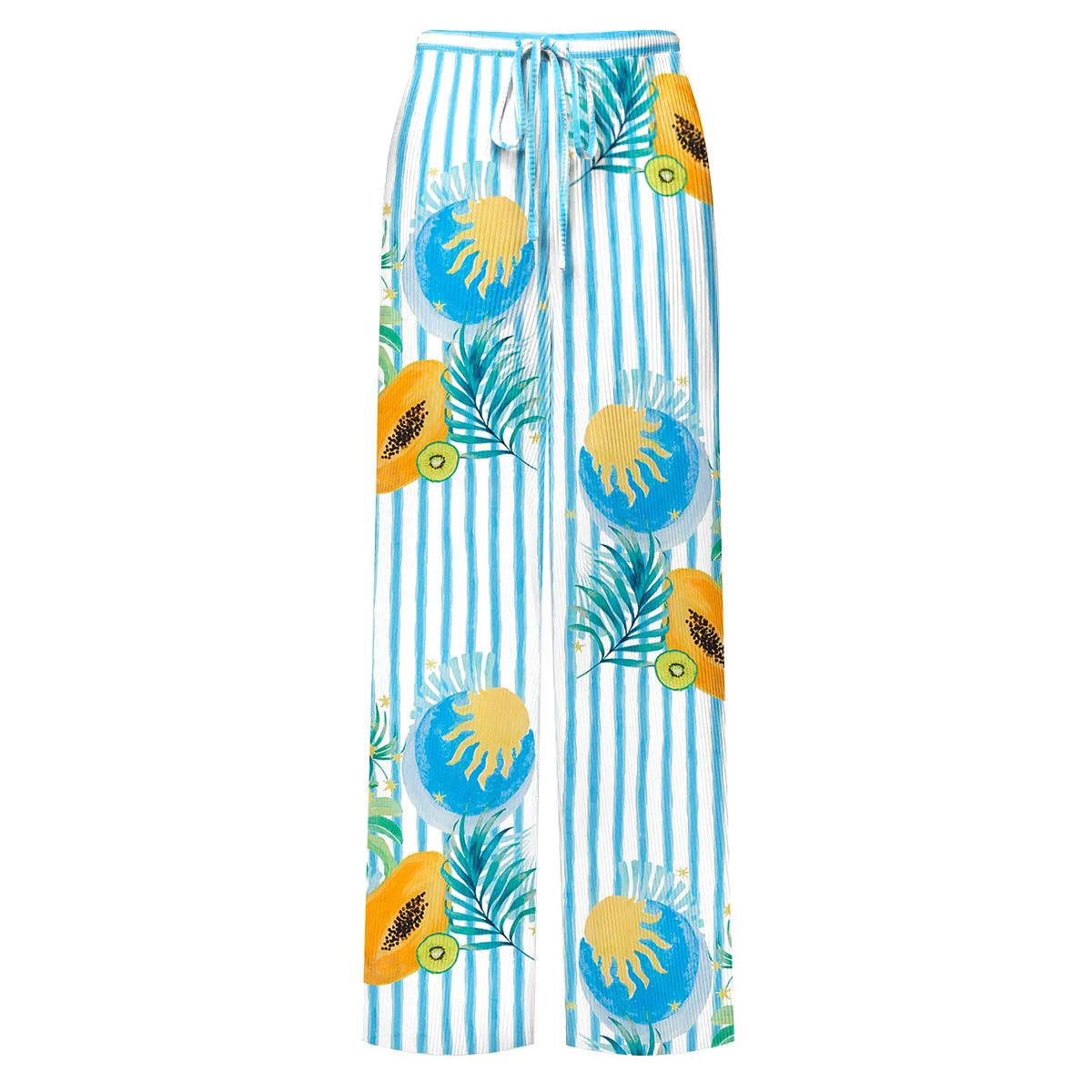 Striped Tropical Papaya Print Boho Island Style One-Piece Swimsuit&Pants